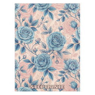 Retro Blue Rose Pattern on Soft Pink Background Tablecloth