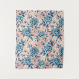 Retro Blue Rose Pattern on Soft Pink Background Tapestry