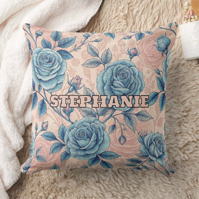 Retro Blue Rose Pattern on Soft Pink Background Throw Pillow (Blanket)