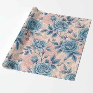 Retro Blue Rose Pattern on Soft Pink Background Wrapping Paper