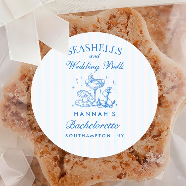 Retro Blue Seashells & Wedding Bells Bachelorette  Classic Round Sticker (Creator Uploaded)
