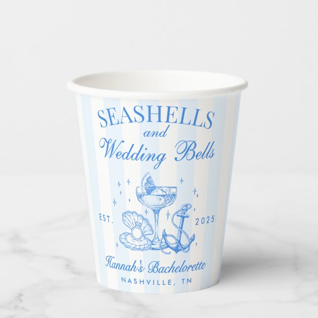 Retro Blue Seashells & Wedding Bells Bachelorette  Paper Cups (Front)