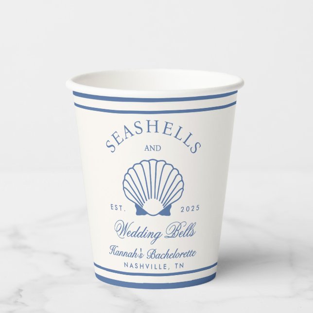 Retro Blue Seashells & Wedding Bells Bachelorette  Paper Cups (Front)