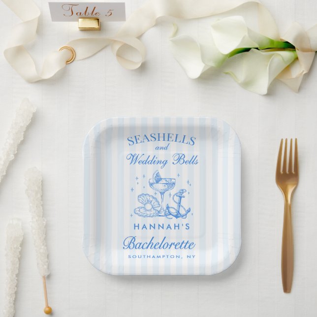 Retro Blue Seashells & Wedding Bells Bachelorette  Paper Plate (Wedding)