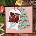 Retro Blue Simple Photo Merry Bright Christmas Gift Tags<br><div class="desc">This simple and minimal, yet festive Merry and Bright Christmas design was created using a fun modern script font and my hand lettered block font in a retro style in aqua blue and red topped off with my hand painted Santa hat with holly and berries to make your family photo...</div>
