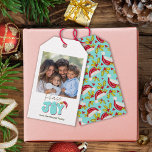 Retro Blue Simple Photo Peace and Joy Christmas Gift Tags<br><div class="desc">This simple and minimal, yet festive Peace and Joy design was created using a fun modern script font and my hand lettered block font in a retro style in aqua blue and red topped off with my hand painted Santa hat with holly and berries to make your family photo shine...</div>