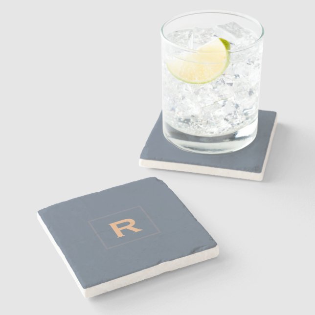Retro Blue Solid Colour Classic Plain Initial Stone Coaster (Side)