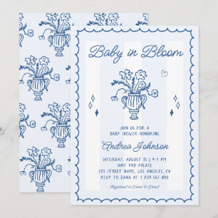 Retro Blue Stripes Baby in Bloom Boy Baby Shower Invitation