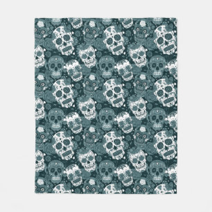 retro blue sugar skull floral ornamental pattern fleece blanket