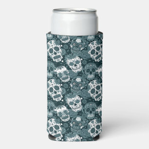 retro blue sugar skull floral ornamental pattern seltzer can cooler