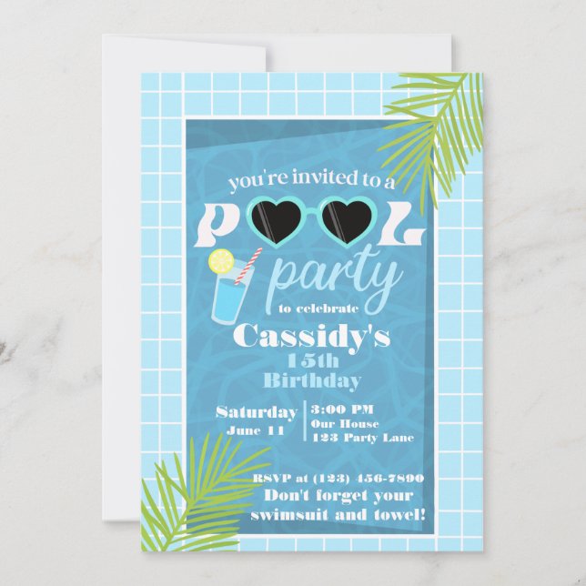 Retro Blue Summer Pool Birthday Party Invitation (Front)