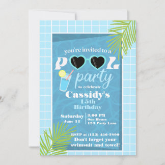 Retro Blue Summer Pool Birthday Party Invitation