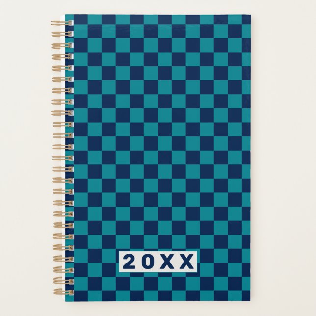 Retro Blue Teal Checkerboard 2026 Planner (Front)