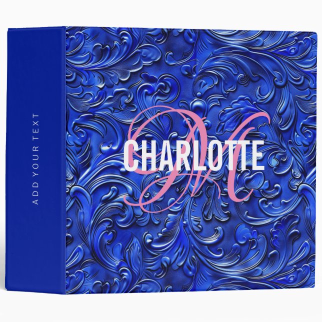 Retro blue tooled leather monogram name binder (Front/Spine)