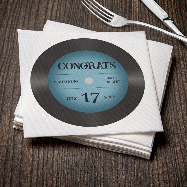 Retro Blue Vinyl Record Wedding Congratulations Napkin (Creator Uploaded)