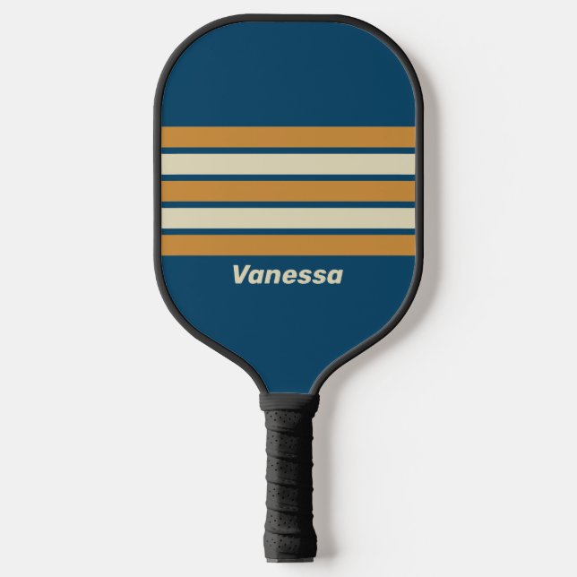 Retro Blue Wave Across Striping with Name Pickleball Paddle (Front)