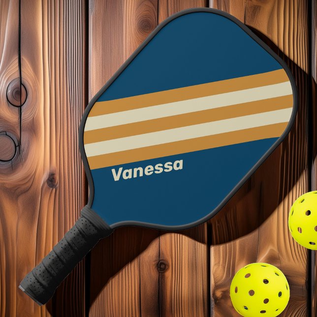 Retro Blue Wave Stripes with Name Pickleball Paddle (Creator Uploaded)