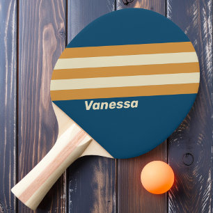 Retro Blue Wave Stripes with Name Ping Pong Paddle