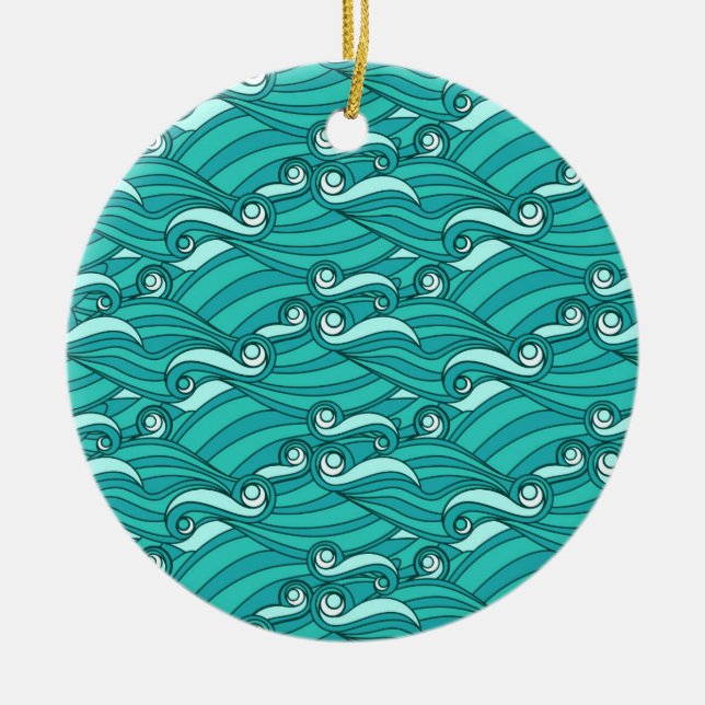 Retro blue waves doodle surf art ceramic ornament (Front)