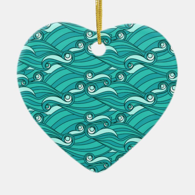 Retro blue waves doodle surf art ceramic ornament (Front)