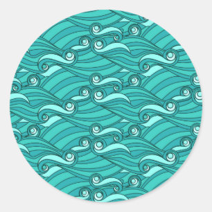 Retro blue waves doodle surf art classic round sticker