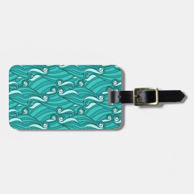 Retro blue waves doodle surf art luggage tag (Front Horizontal)