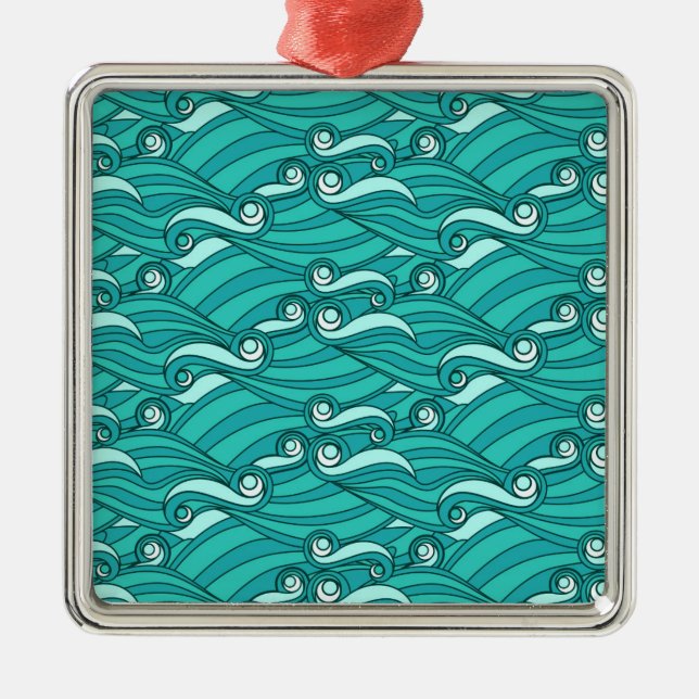 Retro blue waves doodle surf art metal ornament (Front)