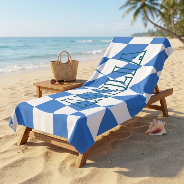 Retro Blue Wavy Chequered Custom Name Beach Towel (Creator Uploaded)