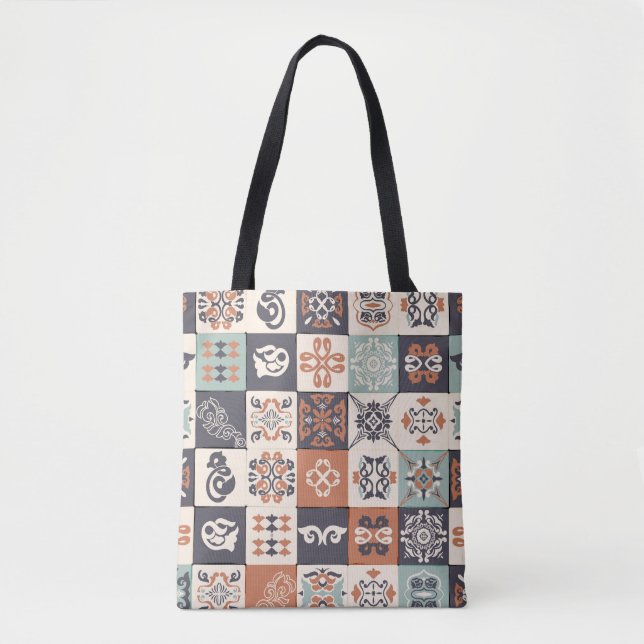 Retro Blue, white and orange Azulejos Pattern Lisb Tote Bag (Front)