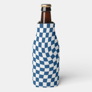 Retro Blue White Checked Warped Chequered  Bottle Cooler