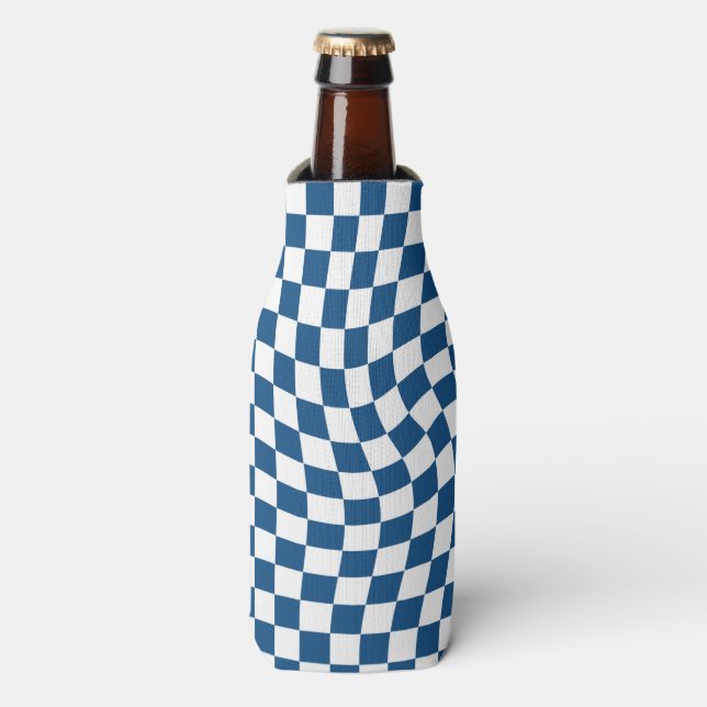 Retro Blue White Checked Warped Chequered  Bottle Cooler (Bottle Front)
