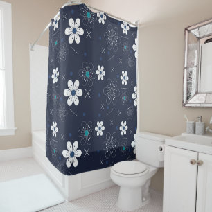 Retro blue white flower shower curtain