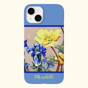 Retro Blue Yellow Alpine Gentains Botanical Art iPhone 14 Case