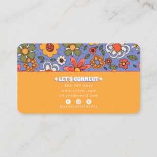 Retro Blue Yellow Boho  Groovy Floral 70s Trendy Business Card