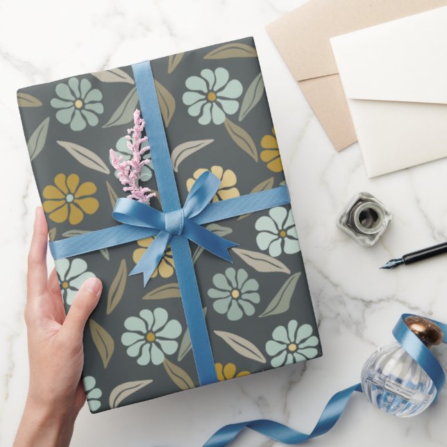 Retro Blue & Yellow Flower Wrapping Paper (Gifting)