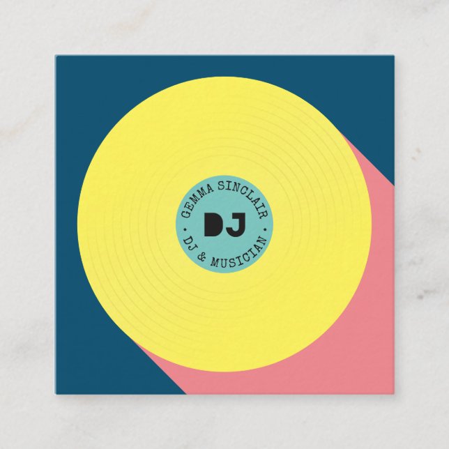 Retro blue yellow modern music dj vinyl musician square business card (Front)