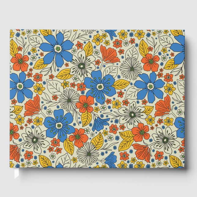 Retro Blue, Yellow & Orange Floral Guest Book (Front)