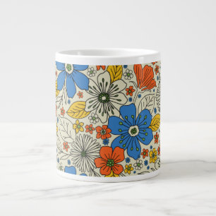 Retro Blue, Yellow & Orange Floral Large Coffee Mug