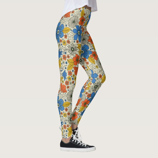 Retro Blue, Yellow & Orange Floral Leggings (Right)