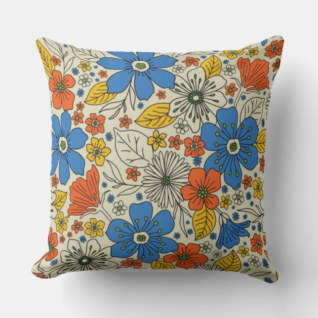 Retro Blue, Yellow & Orange Floral Throw Pillow (Front)