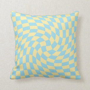Retro Blue Yellow Pastel Warped Checkerboard Throw Pillow