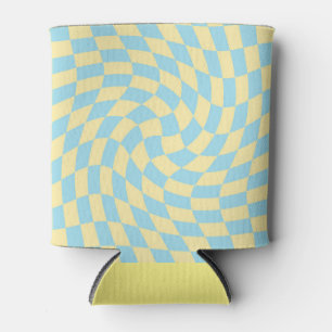 Retro Blue Yellow Pastel Warped Chequerboard  Can Cooler