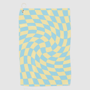 Retro Blue Yellow Pastel Warped Chequerboard Golf Towel