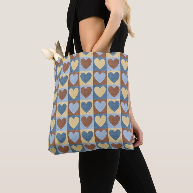 Retro Blue Yellow Tan Hearts Pattern Tote Bag (Close Up)
