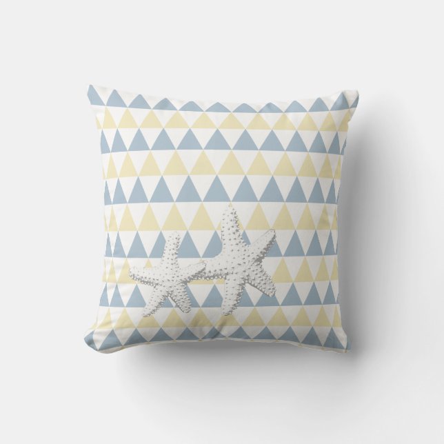 Retro Blue & Yellow Tri-Pattern Starfish Couple Throw Pillow (Front)