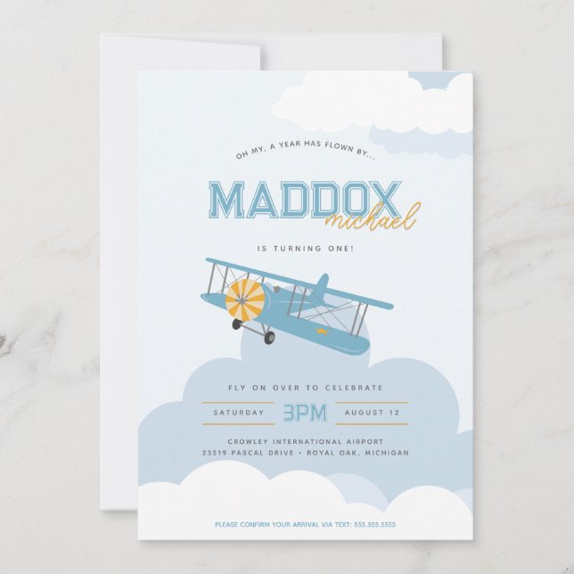 Retro Blues Airplane Time Flies First Birthday  Invitation (Front)