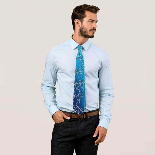 "Retro Blues" Light Dark Blue & White Lines Men's Tie (In Situ)