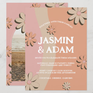 Retro Blush Daisy Photo Wedding Invitation