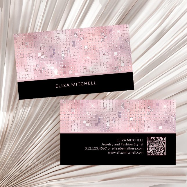 Retro Blush Pink Disco Ball Mirror | QR Code Business Card (A glam, disco-ball inspired business card in blush pink and black with a scannable QR code)