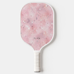 Retro Blush Pink Disco Mirror Monogram Pickleball Paddle